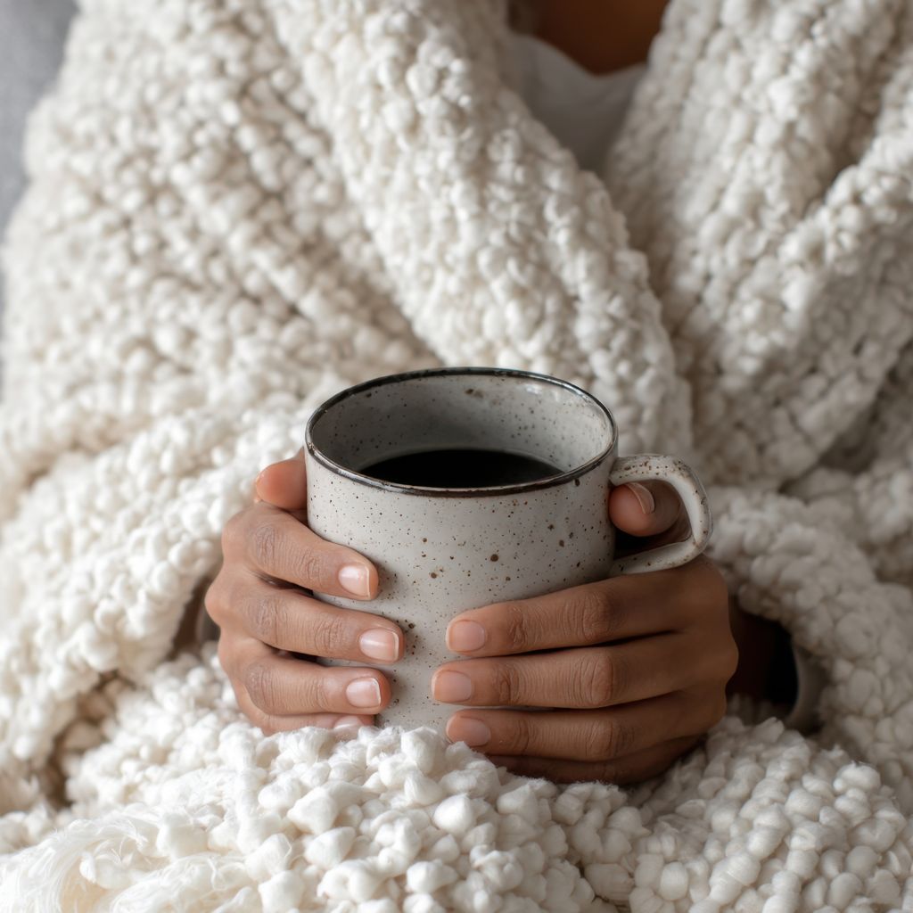 Rolig vintermotiv med person som hviler med en varm kopp kaffe – symbol på ro og egenomsorg hos Utbrenthetsklinikken.