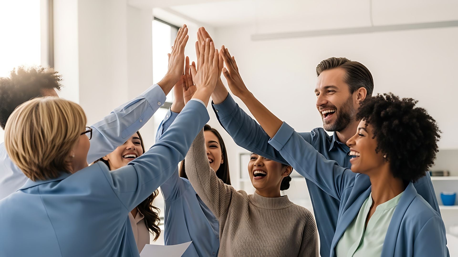 Ledergruppe som feirer gode resultater i et lyst møterom – illustrasjon av robuste team, sunn kultur og arbeidshelse støttet av Utbrenthetsklinikken